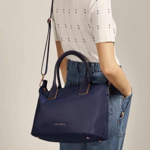 Ted Baker Handbags - NWT Ted Baker Small Nylon Tote Navy Blue Gold Rose Hardware.